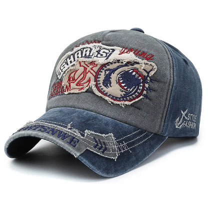 Vintage Distressed Shark Embroidery Baseball Cap Men Washed Cotton Trucker Hat Adjustable Outdoor Sun Hat
