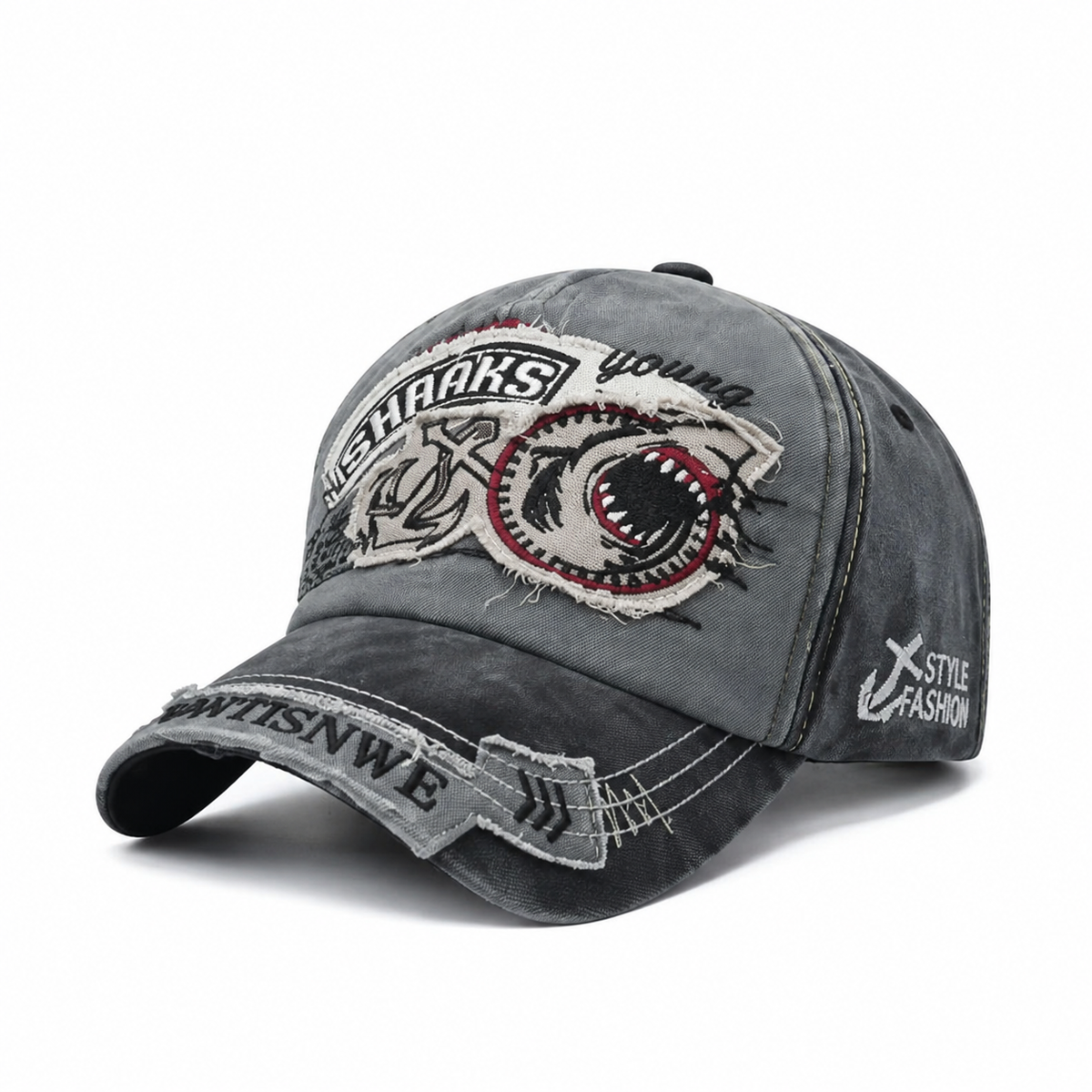 Vintage Distressed Shark Embroidery Baseball Cap Men Washed Cotton Trucker Hat Adjustable Outdoor Sun Hat